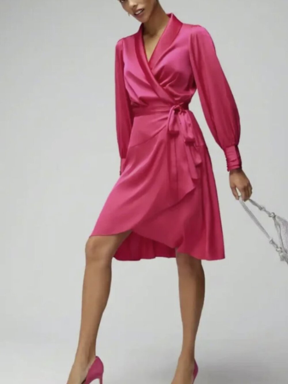White House Black Market Long Sleeve Satin Wrap Mini Dress Hollywood Pink Size 6